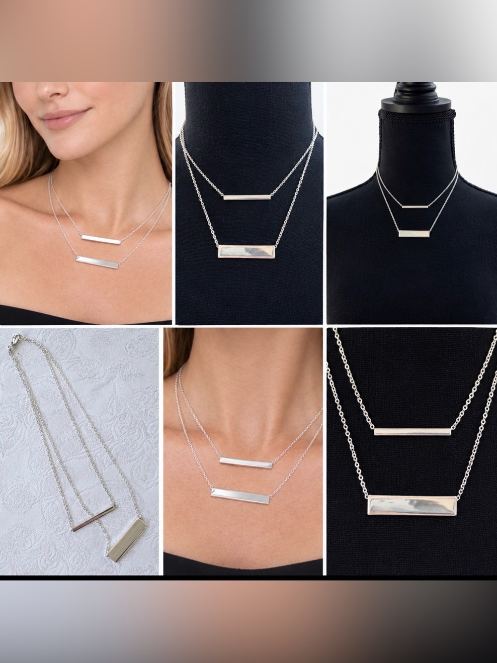 Silvertone Double Bar Layered 2 Chain Statement Necklace 16" NEW